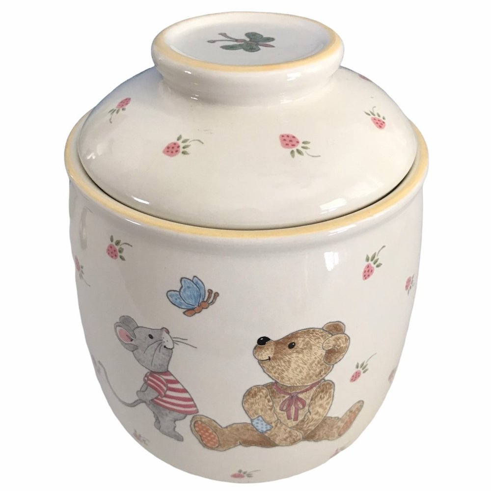 Vintage - MIKASA - Small Cookie Jar/Canister Teddy Bears and Mice Pattern